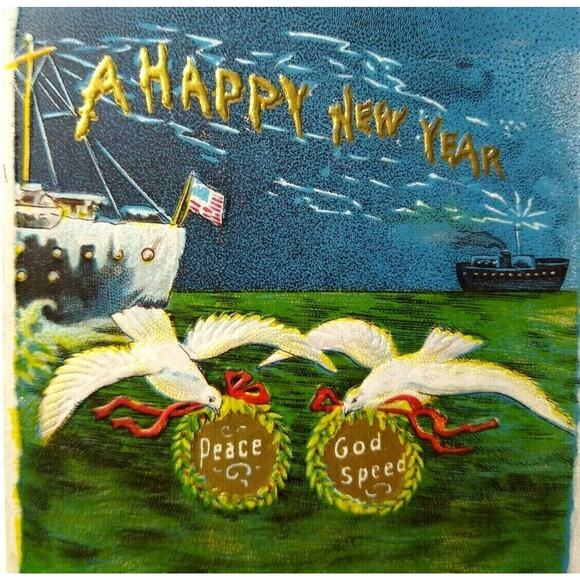 Antique New Years Postcard Ship Boats Harbor Seagulls Peace God Speed Series 209 - Picture 2 of 4